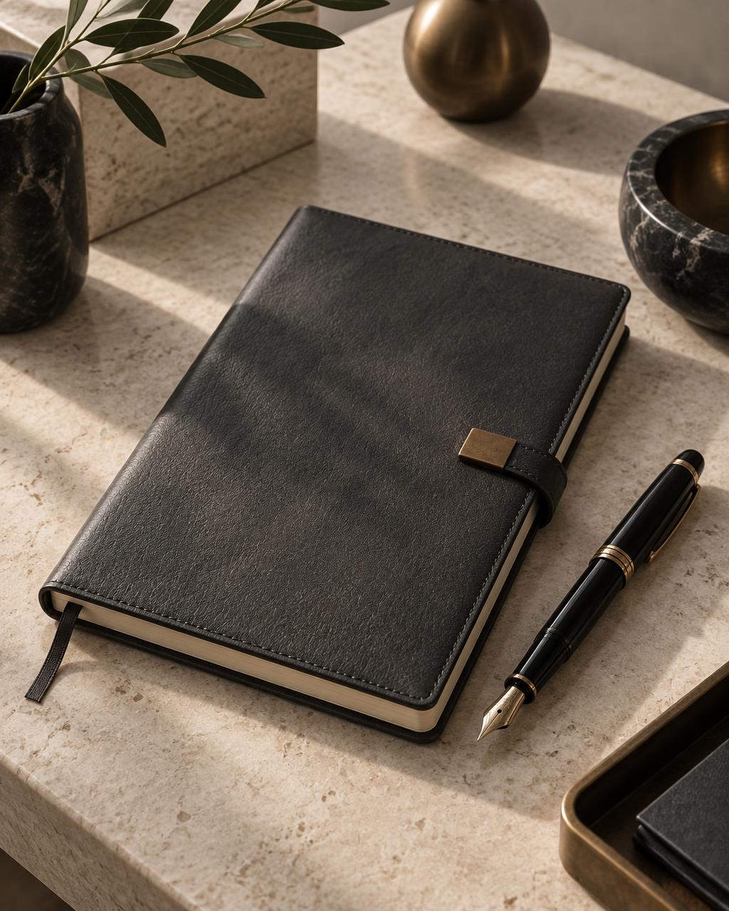 Notebook and pen prepared for considered work